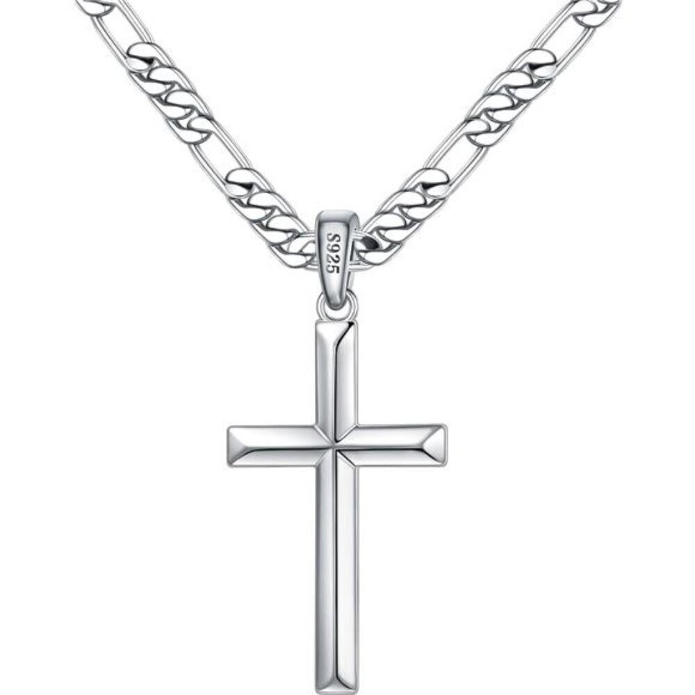 Sterling Silver Cross Necklace Men Diamond Cut Chain